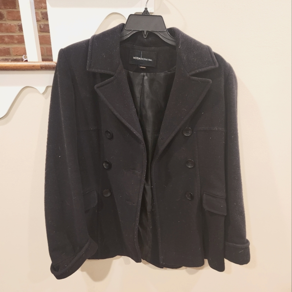 Moda International 100% Wool black pea coat, size medium
